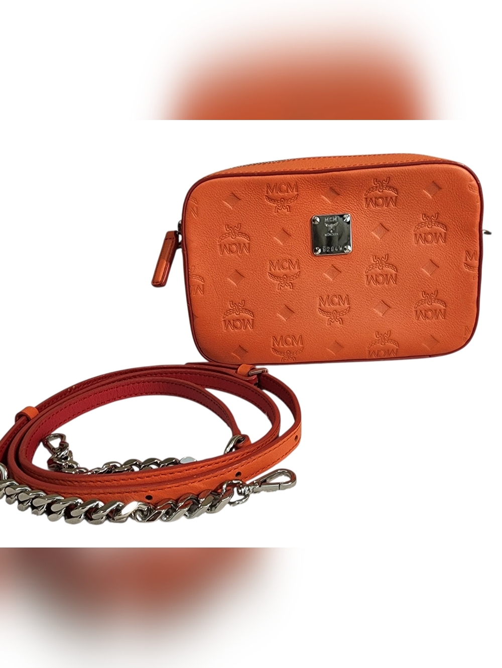 MCM Ottomar Monogram Klara Crossbody Bag Hot Coral Calfskin Leather